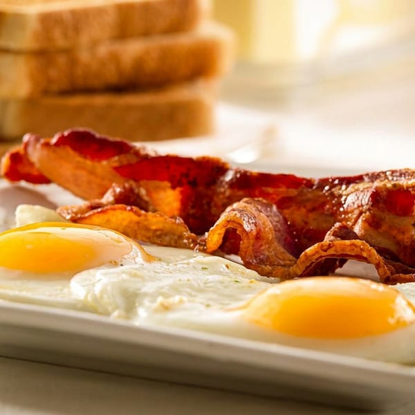 A plate of crispy bacon and two sunny-side-up eggs, with toast and orange juice in the background.