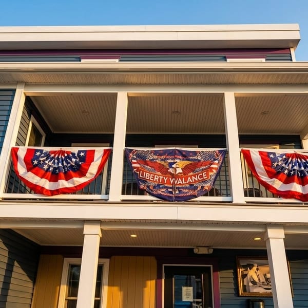 Blue building with a balcony adorned with patriotic bunting and a "Liberty Valance" banner.
