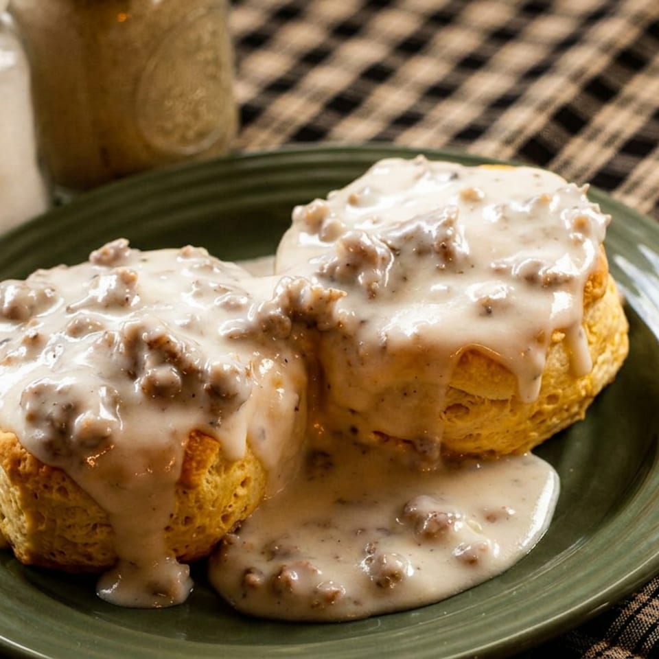 Two golden biscuits covered in creamy sausage gravy on a green plate with a fork.