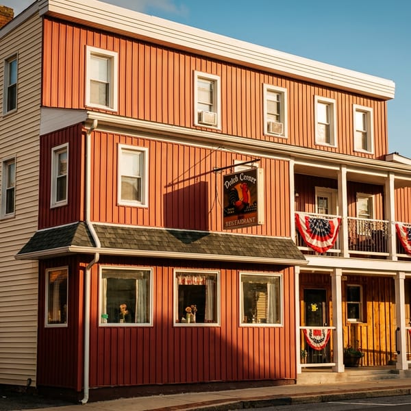 The Dutch Corner Restaurant, a two-story building with red and beige siding, under a blue sky.