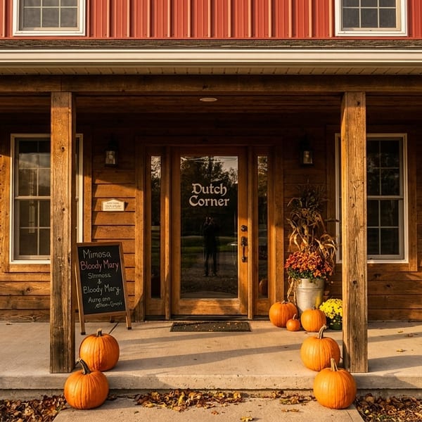 The Dutch Corner restaurant entrance, adorned with pumpkins and fall decorations on a sunny day.