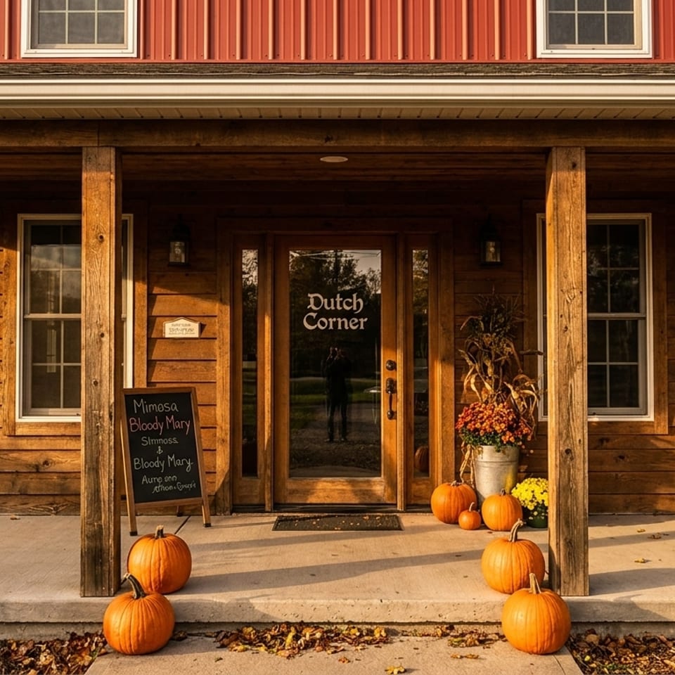 The Dutch Corner restaurant entrance, adorned with pumpkins and fall decorations on a sunny day.