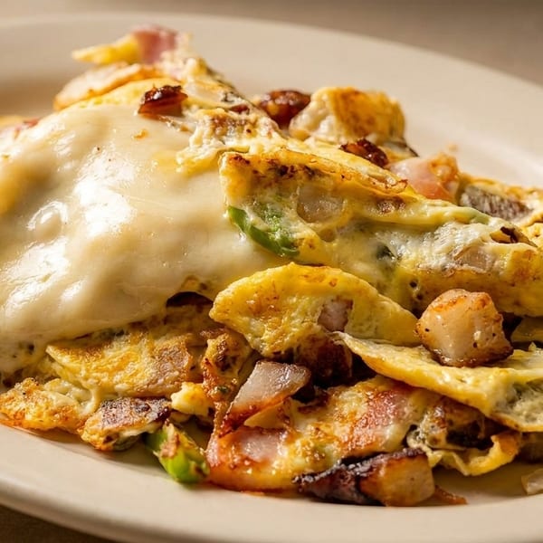 Scrambled eggs with melted cheese, bacon, onions, and green peppers on a white plate.