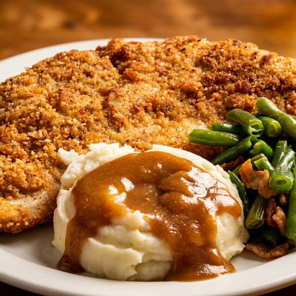 Crispy fried chicken, mashed potatoes with gravy, and green beans with bacon on a white plate.